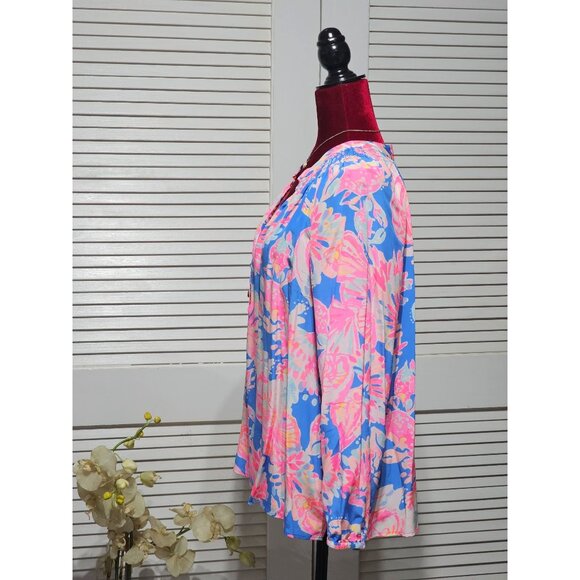 Lilly Pulitzer Women's Pink Blue ELSA 100% Silk SEASHELLS CRABS Blouse Sz L 2895 - Picture 4 of 10